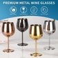 Set of metal stemmed wine glasses in multiple finishes: copper, silver, gold, black