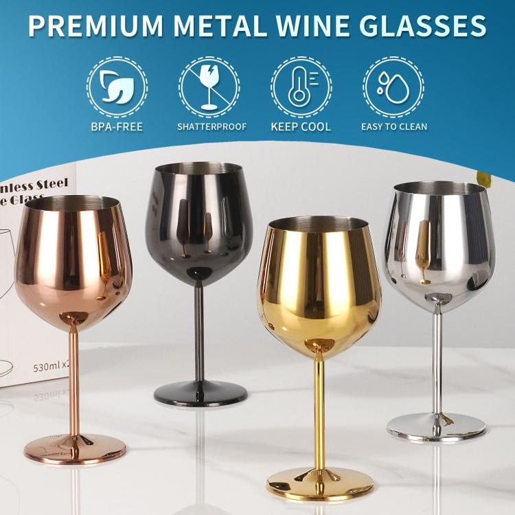 Set of metal stemmed wine glasses in multiple finishes: copper, silver, gold, black