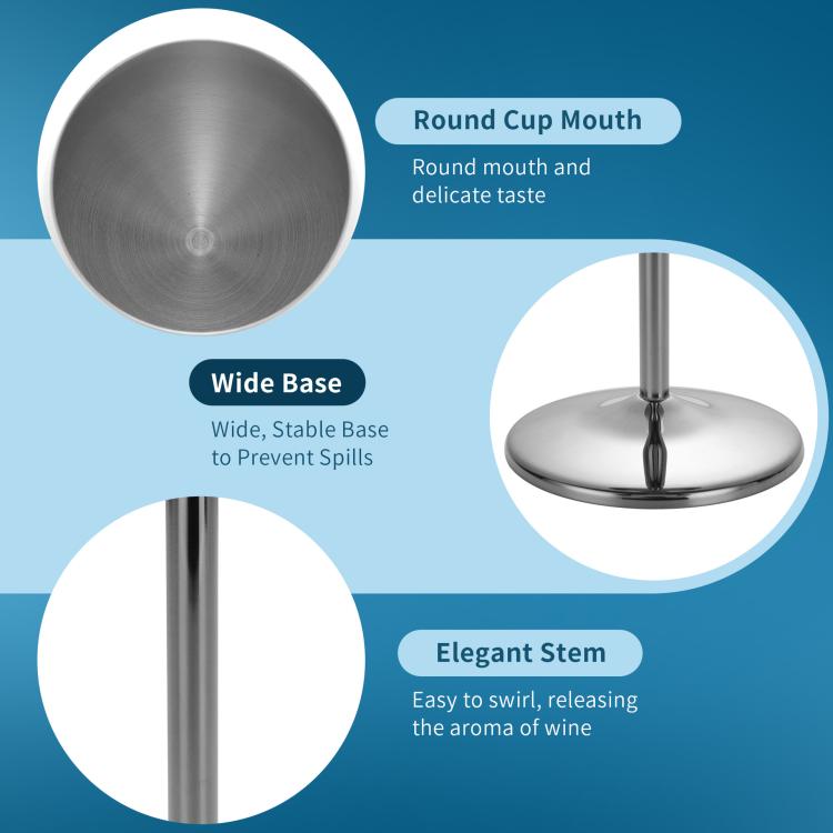 Metal stemmed wine glass design with round cup mouth, wide base, and elegant stem