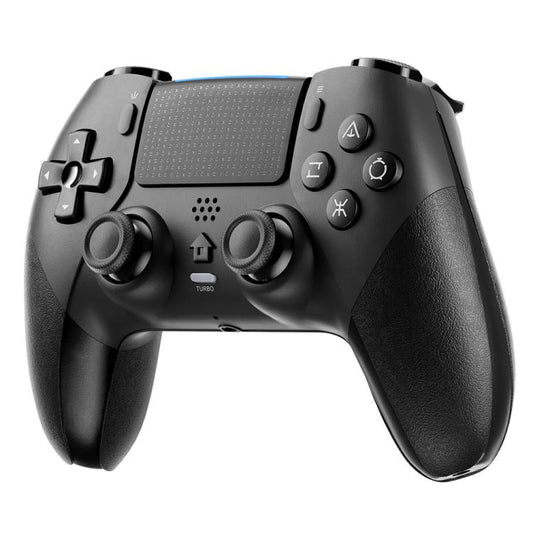 Black wireless game controller with twin analog sticks and D-pad buttons