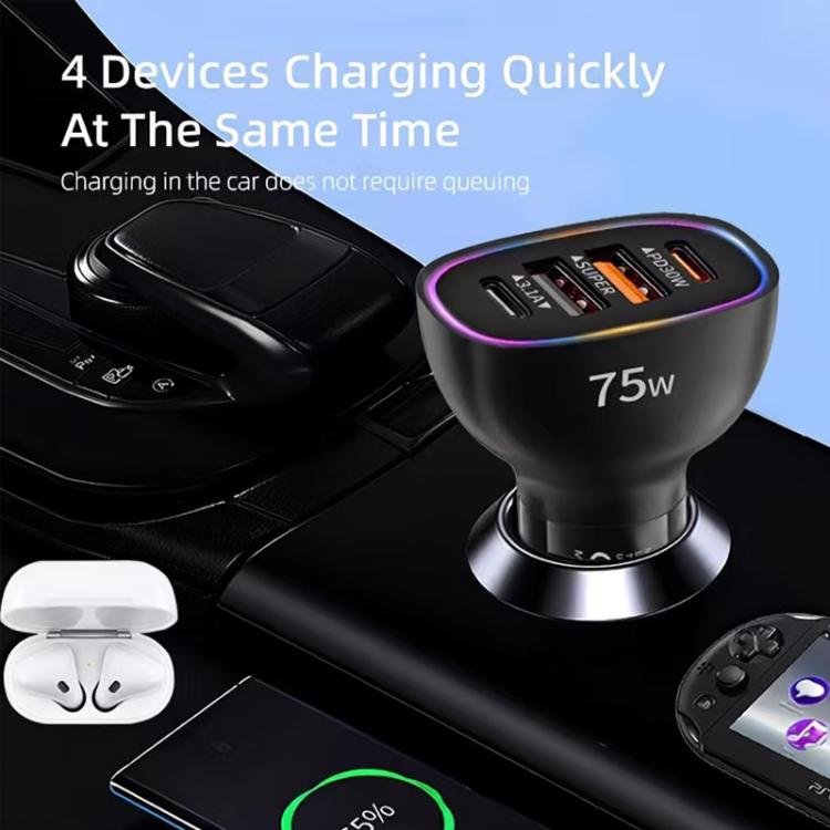 P54 75W PD3.0 USB-C x 2+USB x 2 Multi Protocol Car Charger, without Cable