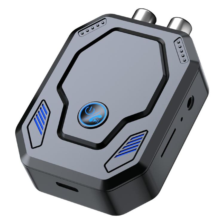 Bluetooth audio transceiver adapter with blue power button, AUX/RCA ports, and TF slot