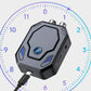 Bluetooth audio transceiver adapter close-up with blue power button and charging cable