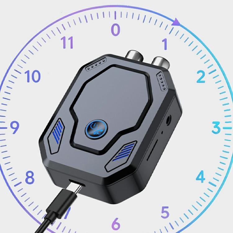 Bluetooth audio transceiver adapter close-up with blue power button and charging cable