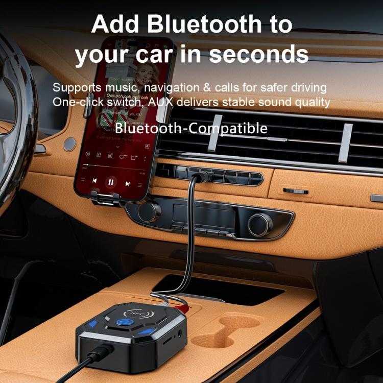 Black Bluetooth audio transceiver plugged into car dashboard, NFC icon visible