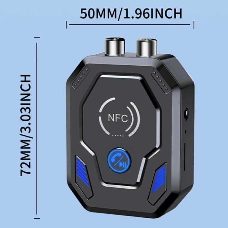 Compact black NFC Bluetooth audio transceiver with twin antenna plugs and blue button