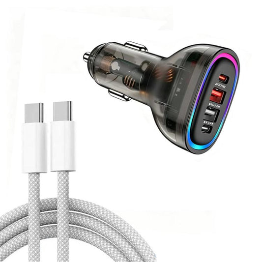 P54 75W PD3.0 USB-C x 2 + USB x 2 Car Charger with Type-C to Type-C Data Cable, with Cable