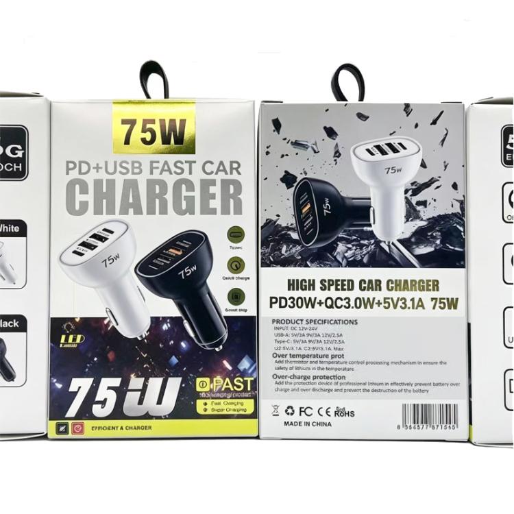 P54 75W PD3.0 USB-C x 2 + USB x 2 Car Charger with Type-C to Type-C Data Cable, with Cable