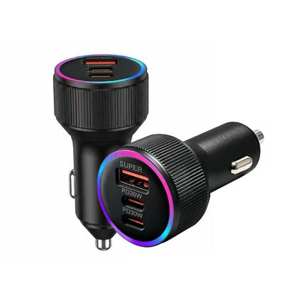 Black dual-port car charger with glowing ring and USB-C and USB-A outputs