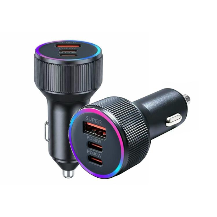 Black dual USB car charger with purple-blue LED ring and two built-in ports