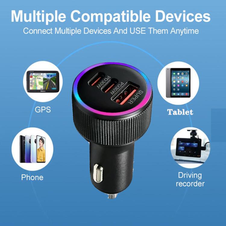 Black car charger with compatibility graphic showing multiple device use