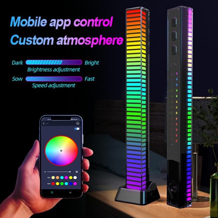 Rechargeable 4D RGB Bluetooth rhythm light bar with black stand, app control phone shown