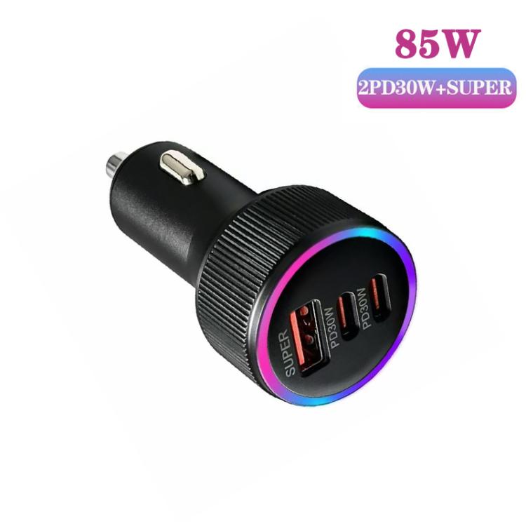 Black aluminum alloy car charger with blue/pink LED ring and dual USB outputs