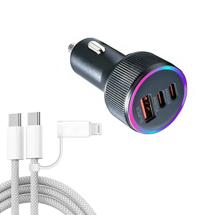 Black car charger with LED ring, plus braided Type-C to 8-pin cable (two connectors)