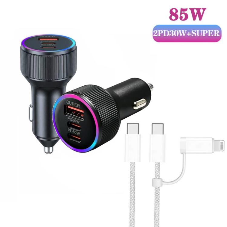 Black car charger with LED ring and braided USB cables with Type-C and 8-pin ends