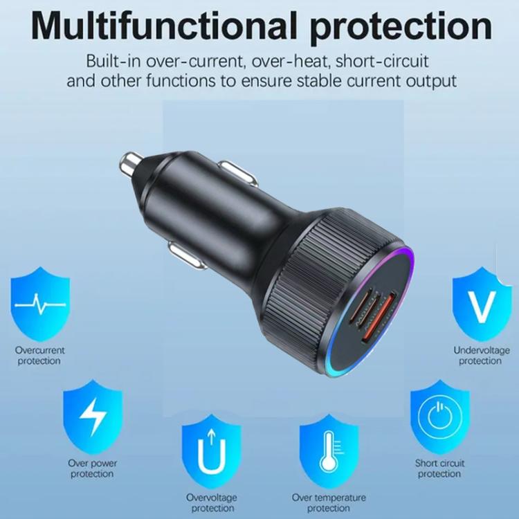Black car charger with LED ring, showing built-in protection for stable power output