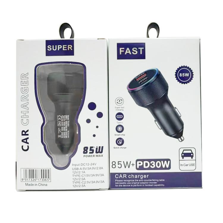 Car charger retail box packaging with product photo and 85W label