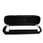 Black document scanner storage bag with textured interior panel and zip closure, open.