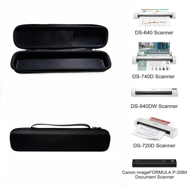 Black document scanner storage bag shown open with interior compartment for portable scanners.