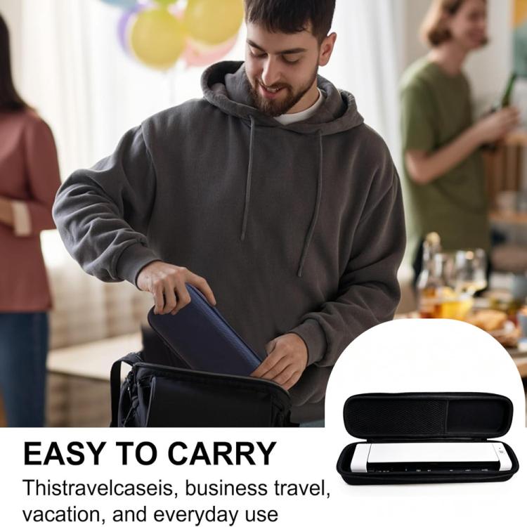 Black travel-friendly document scanner storage case held by hand, zippered open design.