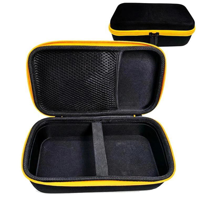 Black portable label maker storage bag with molded divider pockets and yellow trim