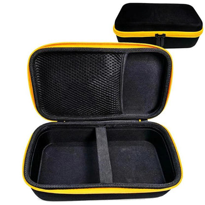 Black portable label maker storage bag with molded divider pockets and yellow trim