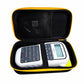 Black label maker storage case with mesh panel divider and elastic strap inside
