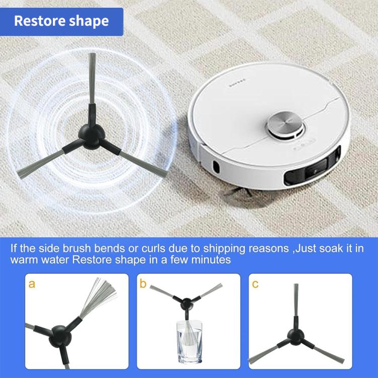 Robotic vacuum side brushes with black hubs and gray bristles, shown restoring shape