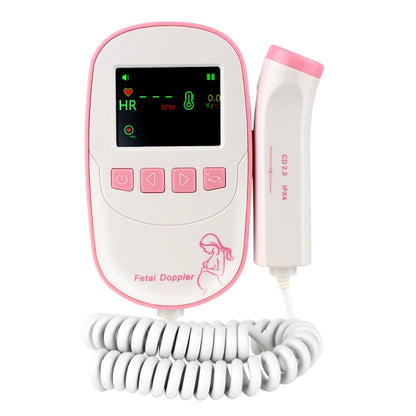 Pink fetal doppler monitor with LCD screen, buttons, probe and coiled cable
