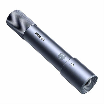 Metallic silver-gray flashlight with ribbed grip and circular power button