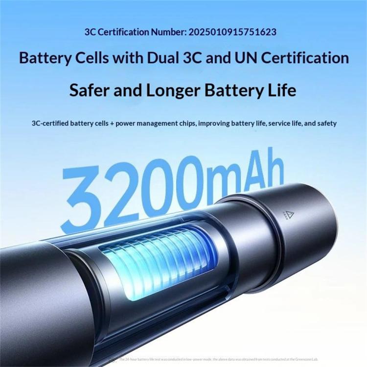 Silver-gray flashlight with visible front LED glow through lens opening