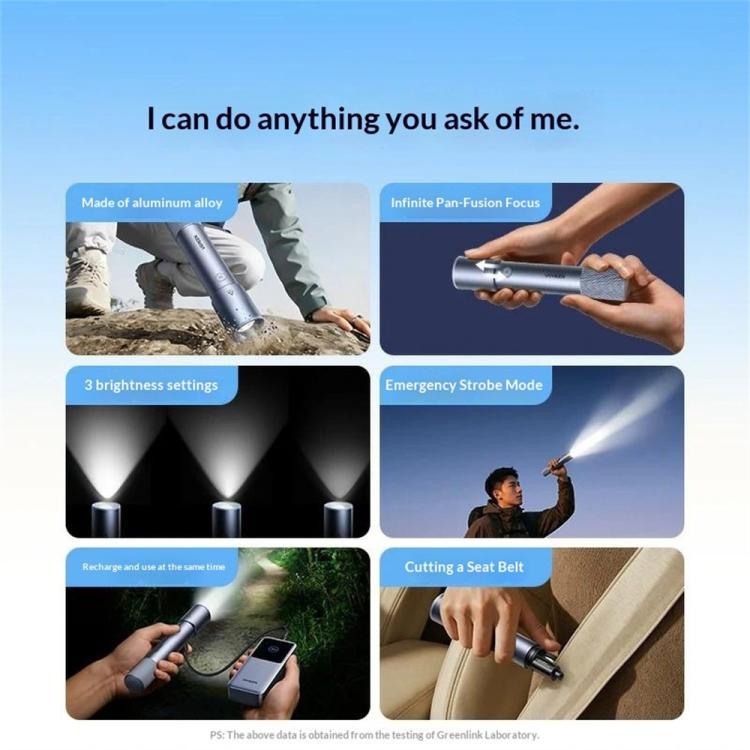 Aluminum-alloy flashlight showing multiple brightness beams and emergency strobe mode