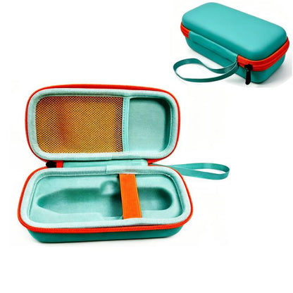 Teal hard zippered storage bag with mesh panel and handle strap, open view.