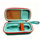 Teal hard zippered storage bag open with mesh divider and orange elastic strap.