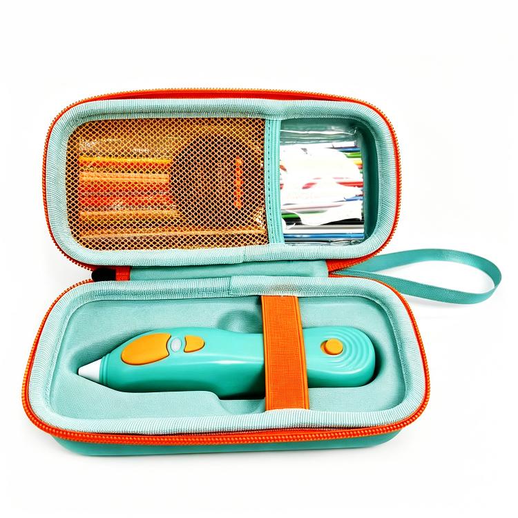 Teal hard zippered storage bag with pen inside, mesh front pocket and teal strap.