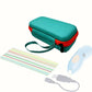 Teal hard case storage bag with strap, plus nearby craft accessories.