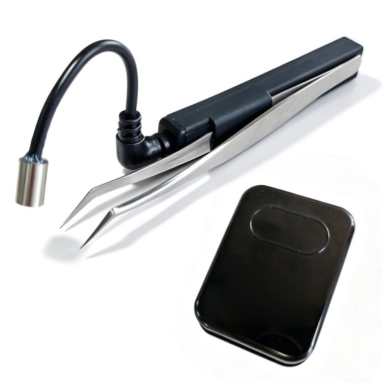 UV lash curing lamp with silver clamp tips and black foot pedal case