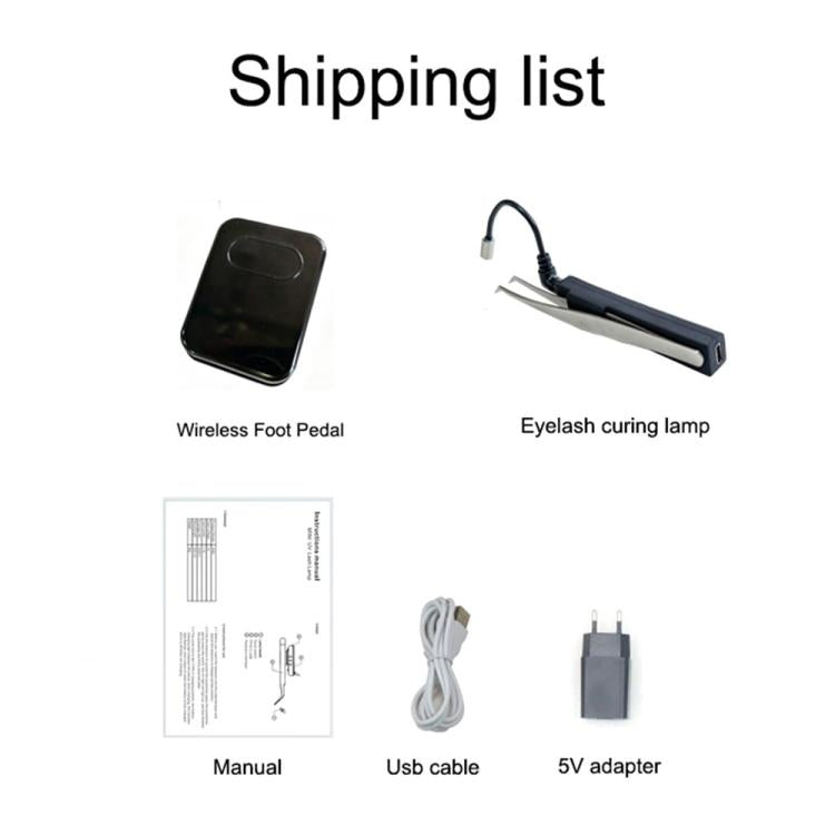 UV eyelash curing lamp kit with wireless foot pedal, USB cable, and 5V adapter
