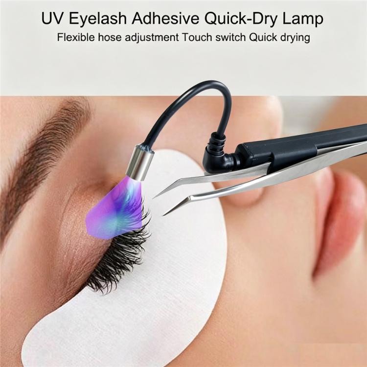 UV lash adhesive curing lamp with flexible hose, touch switch, and tweezer head