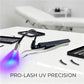 Wireless UV eyelash curing lamp with black foot pedal and metal curing prongs