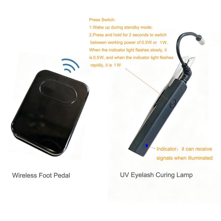 UV eyelash curing lamp with wireless foot pedal and indicator light on device