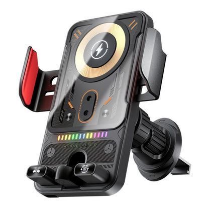 Dark gray car magnetic wireless phone charger stand with vent clamp and charging pad