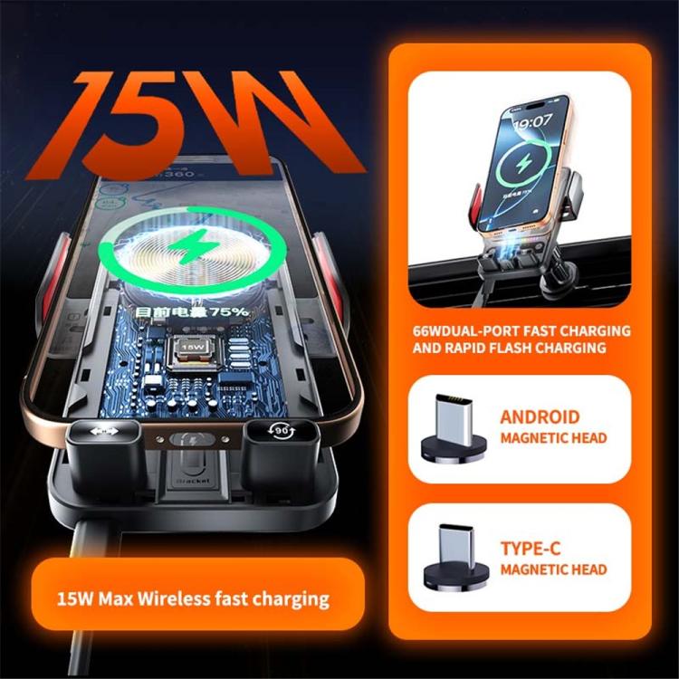 Car wireless charging holder with 75W label, magnetic head, and dual charging ports