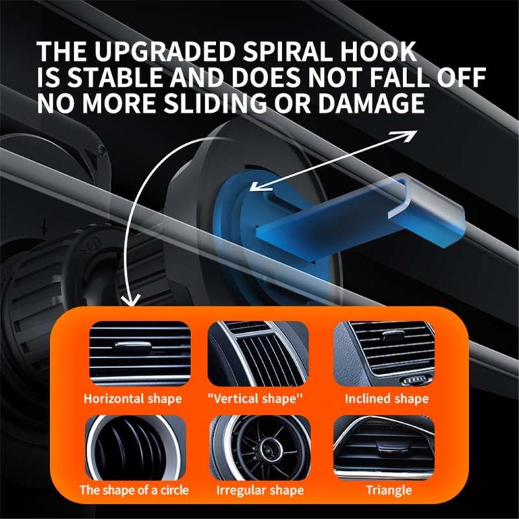 Car vent phone holder clamp showing upgraded spiral hook and multiple vent-fit shapes