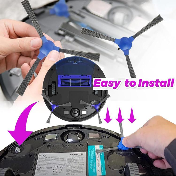 Robot vacuum side brush set with blue hub and gray bristles, being installed