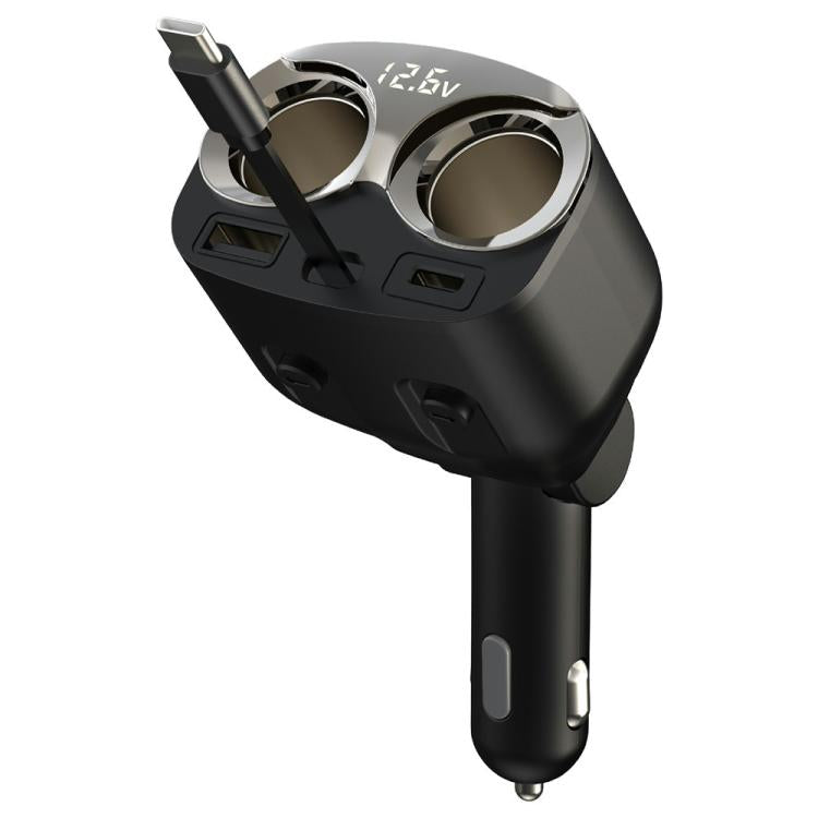 Black car cigarette lighter charger with dual circular ports and side USB slot