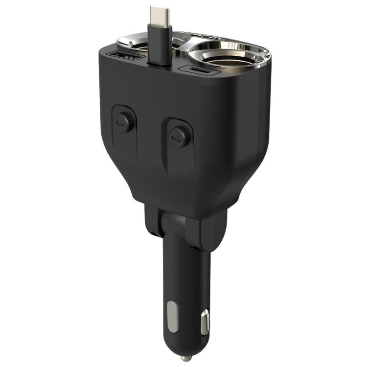 Black multi-port car charger with retractable plug and dual circular port openings