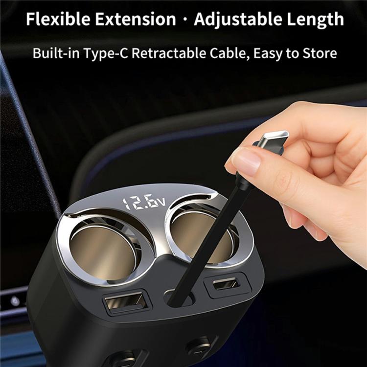 Car charger with voltage display and retractable Type-C cable, held by a hand