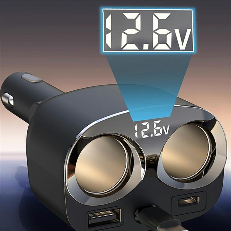 Car charger with dual USB ports and digital voltage display on a compact body
