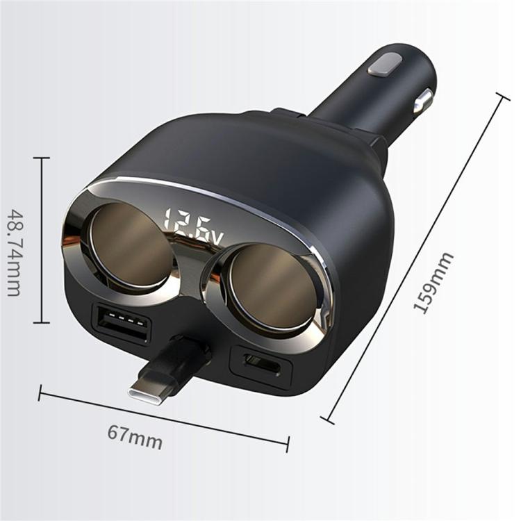 Compact black car charger with dual ports, built-in voltage display, and USB outlets